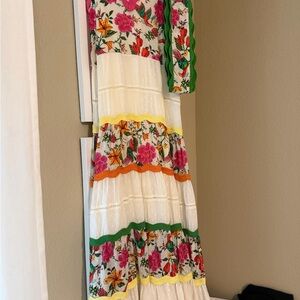 FARM Rio White Floral Maxi Dress with Pink, Green & Yellow Trim